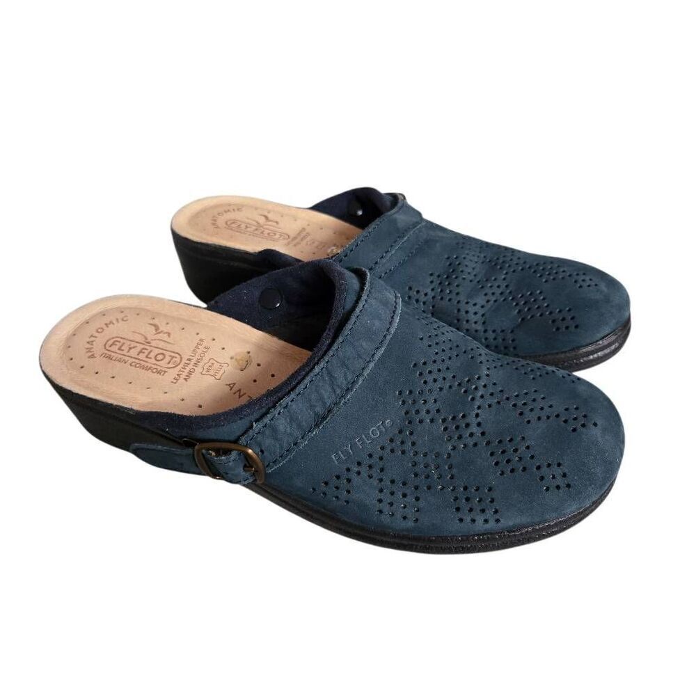 Fly Flot Italian Leather Mule Women's Size 40 Shoes Clogs Navy Atomic Leather